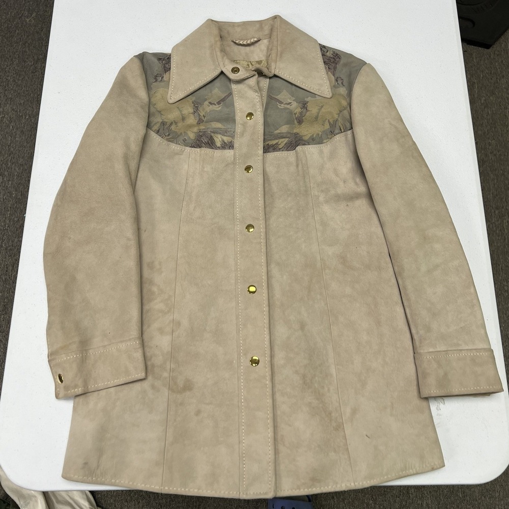 World Knits Leather Coat Womens 12 Tan Suede Tapestry Yoke Snap Front Vintage